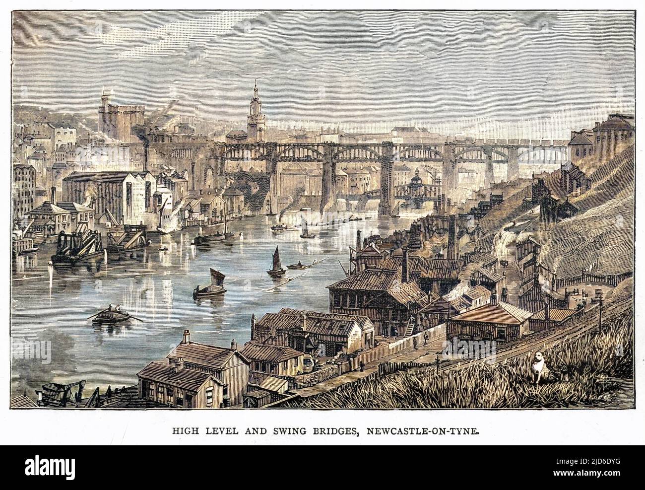 Newcastle upon Tyne après la construction des ponts de haut niveau et d'oscillation à travers la rivière version colorisée de : 10237974 Date: Vers 1870 Banque D'Images