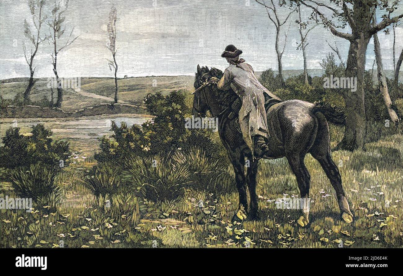 Un haut-wayman, monté sur son cheval, se prépare à traverser la campagne à la poursuite de sa prochaine victime. Version colorisée de : 10509262 Date: 1880s Banque D'Images