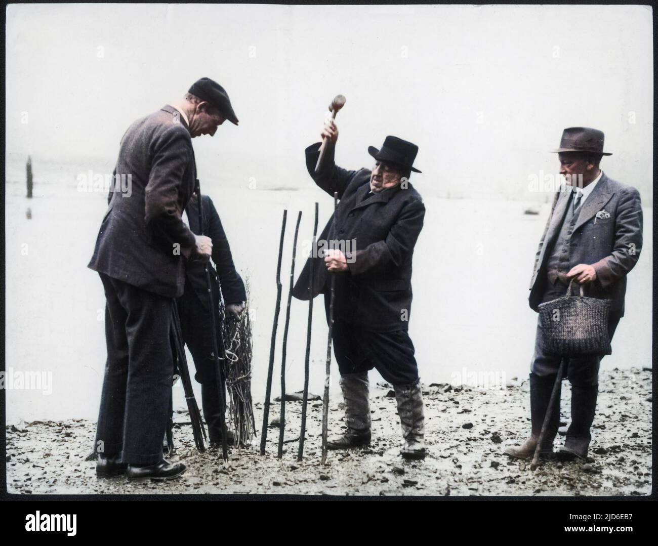 WHITBY, ANGLETERRE: PLANTER LA HAIE DE PENNY. Marque la pénitence annuelle (depuis 1159) imposée à 3 chasseurs pour avoir battu un ermite qui leur a empêché de tuer un sanglier. Version colorisée de : 10089651 Date: Vers 1950 Banque D'Images