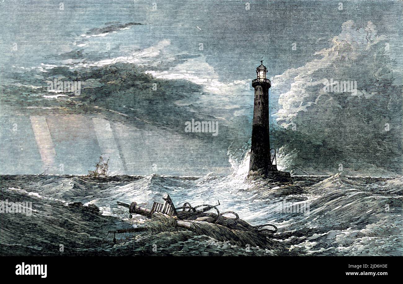 The Lighthouse', un tableau de Clarkson Stanfield, R.A., pour quelques événements théâtraux privés à Campden-House. La pièce et la peinture étaient basées sur des événements entourant le phare Eddystone construit par John Rudyerd en 1709. Version colorisée de : 10216615 Date: 1855 Banque D'Images