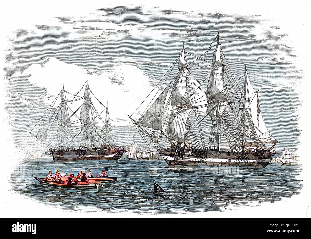 HMS 'Erebus' (à gauche) et HMS 'Terror', photographiés sur la Tamise, 1845. En 1845, l'amirauté britannique a envoyé deux navires d'exploration polaire, le HMS 'Erebus' et le HMS 'Terror', pour rechercher le passage du Nord-Ouest qui borde la côte nord du Canada. L'expédition, commandée par Sir John Franklin, a disparu à la fin de 1845 et aucun des hommes n'a jamais été vu de nouveau. En fait, les navires l'ont fait à la région de l'île du Roi William, puis s'est coincé dans la glace. Avec des provisions à court, l'équipage survivant a abandonné le navire et s'est dirigé vers le sud. Cependant, aucun ne l'a fait à la sécurité et il est supposé que tout est mort de dis Banque D'Images