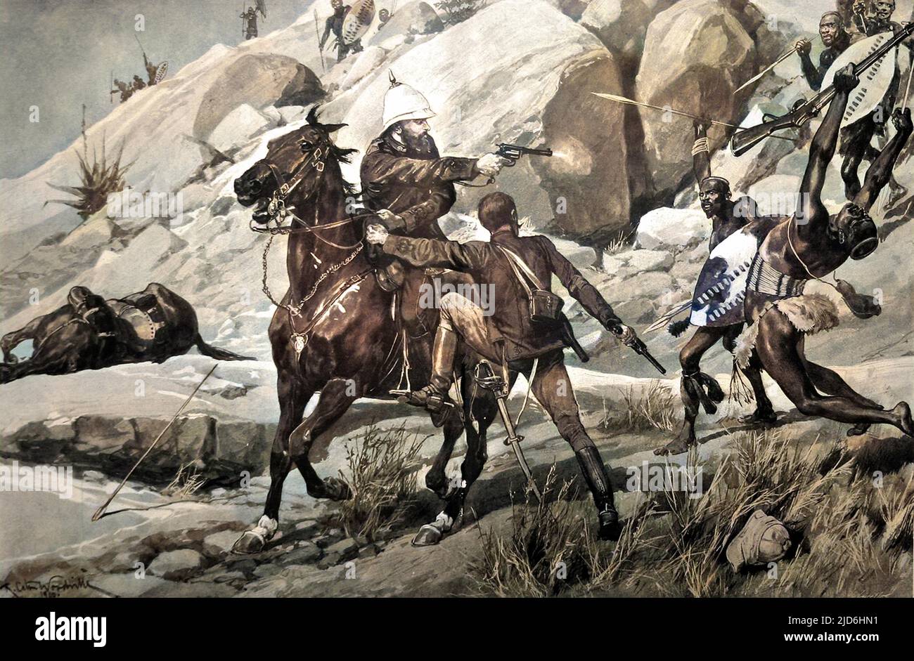 Colonel (plus tard général) Sir Redvers Henry Buller (1839 - 1908), (au centre, à cheval) sauvant le capitaine d'Arcy lors d'une escarmouche avec des guerriers zoulou sur la montagne Inhlobane, 1879. En reconnaissance de trois actes de bravoure à Inhlobane, dont celui-ci, Sir Redvers Buller a reçu la Croix de Victoria. Version colorisée de : 10220289 Date: 1900 Banque D'Images