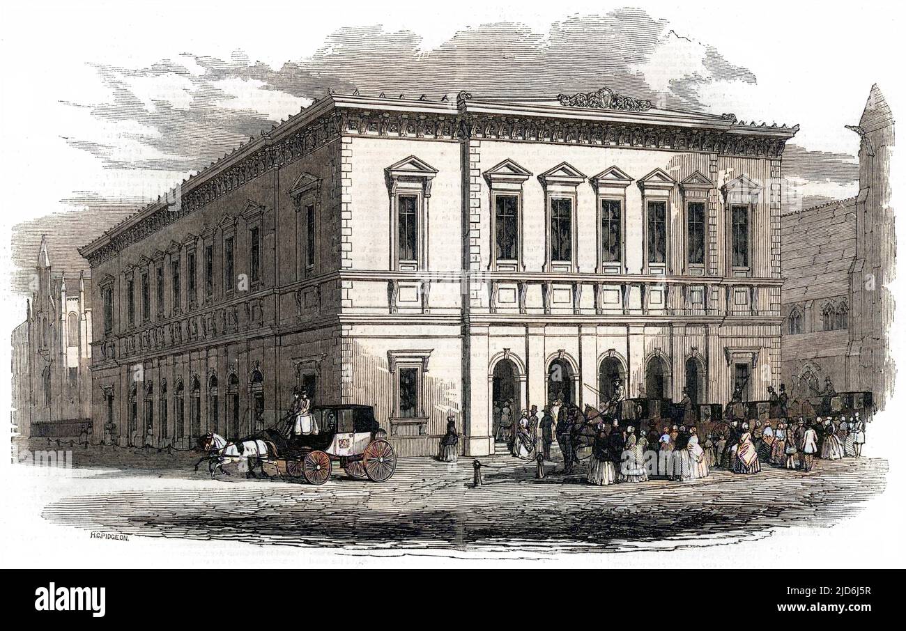 L'extérieur de la nouvelle salle de concert philharmonique de Liverpool, à l'époque du Festival de musique de Liverpool, 1849. Le style est décrit par les nouvelles illustrées de Londres comme "Roman-italien, plaine, mais gras dans le caractère." le bâtiment a été remplacé en 1939 quand son prédécesseur a brûlé en 1933. Version colorisée de : 10504349 Date: 1849 Banque D'Images