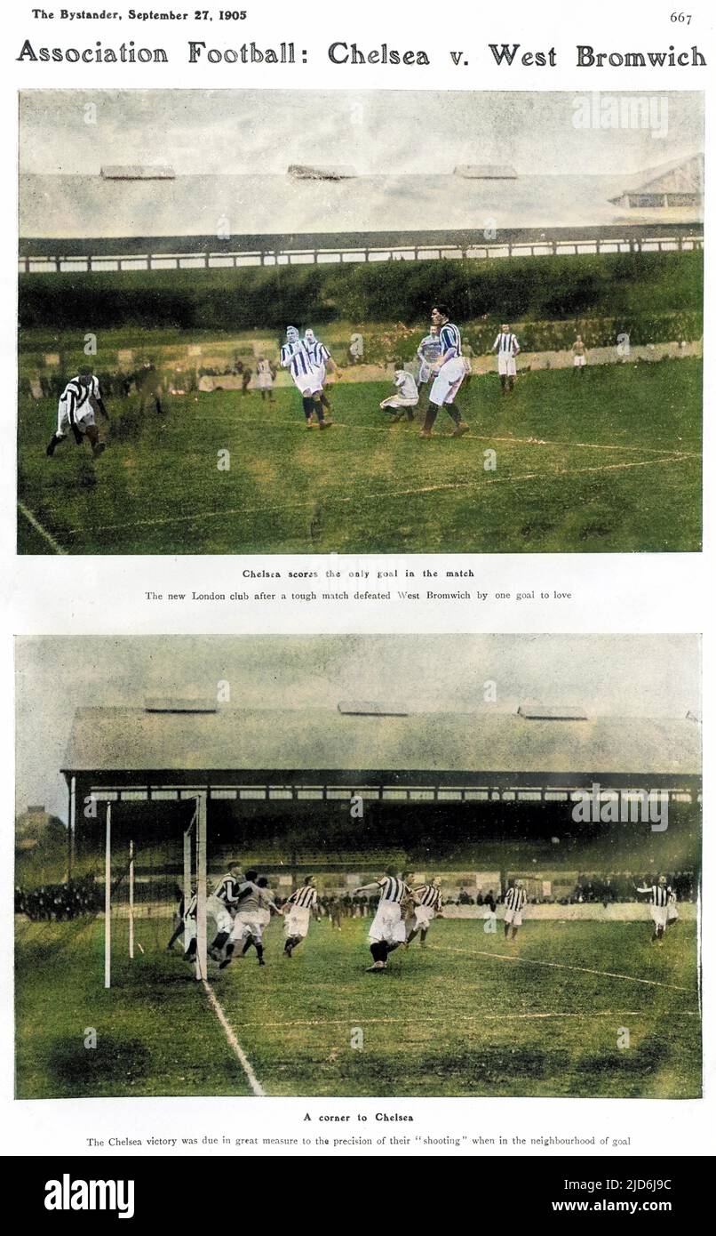 Deux photographies d'action de la deuxième Division au pont Stamford entre Chelsea et West Bromwich Albion, qui s'est terminée par une victoire de Chelsea de 1 à 0. West Broms sont dans leurs bandes traditionnelles, et en ces jours-là les gardiens de but portaient la même bande que le reste de l'équipe. C'était la première saison de Chelsea dans la Ligue, n'ayant été fondée qu'en mars 1905. Ils ont manqué la promotion d'une place, finissant la troisième, avec West Bromwich Albion une place derrière eux. Version colorisée de : 10504407 Date: 23-sept-05 Banque D'Images