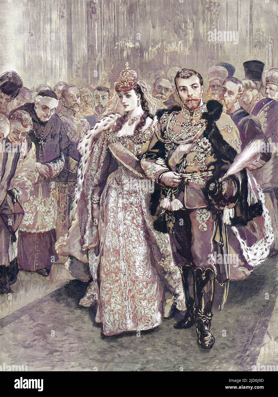 Le mariage impérial à Saint-Pétersbourg montrant la mariée et le marié quittant la chapelle. Version colorisée de : 10507167 Date: 1894 Banque D'Images