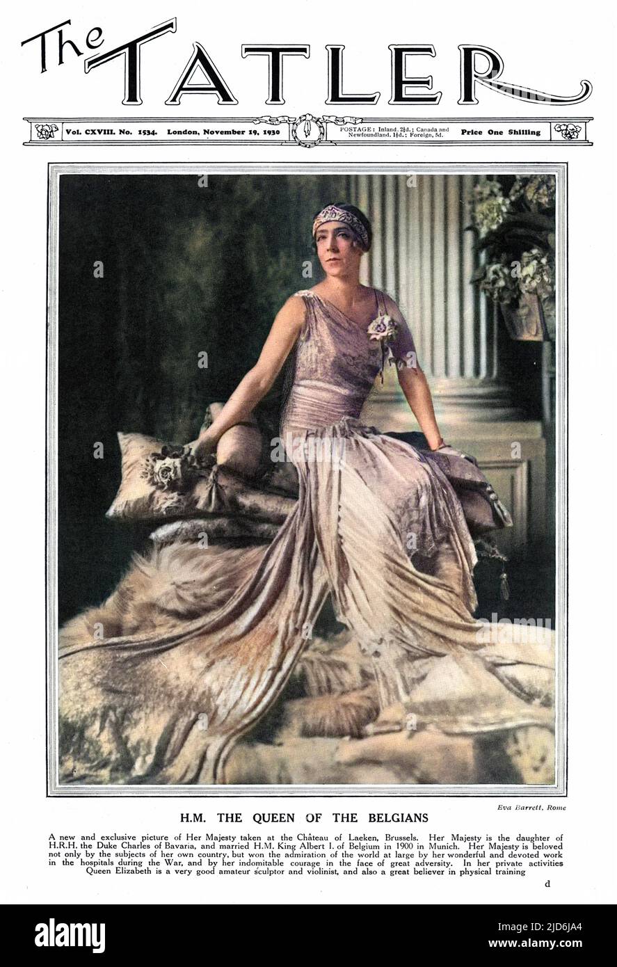 Reine Elisabeth de Belgique (1876 - 1965), ex ELISABETH DE BAVIÈRE. Épouse du roi Albert I, pendant la première Guerre mondiale, elle était populaire pour sa résistance à l'invasion allemande. Version colorisée de : 10548293 Date: 1930 Banque D'Images