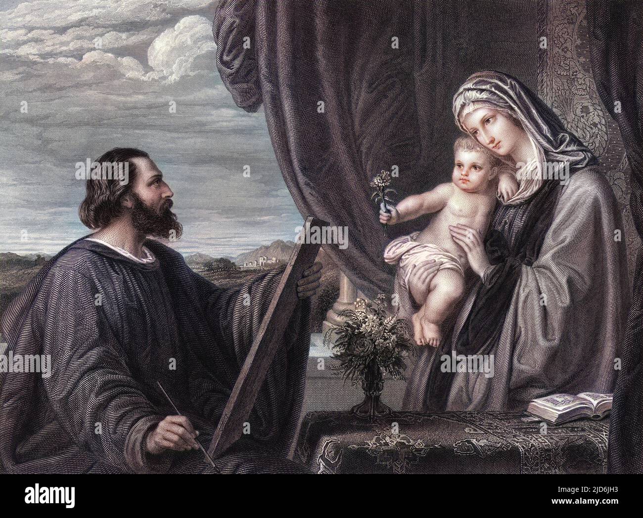 Saint Luc peint la Vierge Marie (et l'enfant). Une fantaisie totale, dont Ruskin était particulièrement véhémence dans son opinion sur le sujet, la composition et l'habillage!! Version colorisée de : 10795126 Banque D'Images
