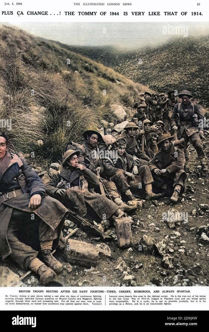 Un groupe de soldats britanniques oculaires du bataillon d'infanterie, 1st Kings Own Yorkshire Light Infantry, s'assoient devant le Rio Gagliano en Italie. L'homme assis au centre avec la cigarette est Michael James Neary. Les hommes se reposent après six jours passés à attaquer les positions allemandes fortement défendues sur les Monts Camino et Maggiore, à travers la boue épaisse et la pluie incessante. The Illustrated London News, qui a imprimé cette photo en janvier 1944, a comparé le Tommy de la Seconde Guerre mondiale à la génération précédente qui a combattu dans la Grande Guerre et les remarques dans la légende sur le similari Banque D'Images