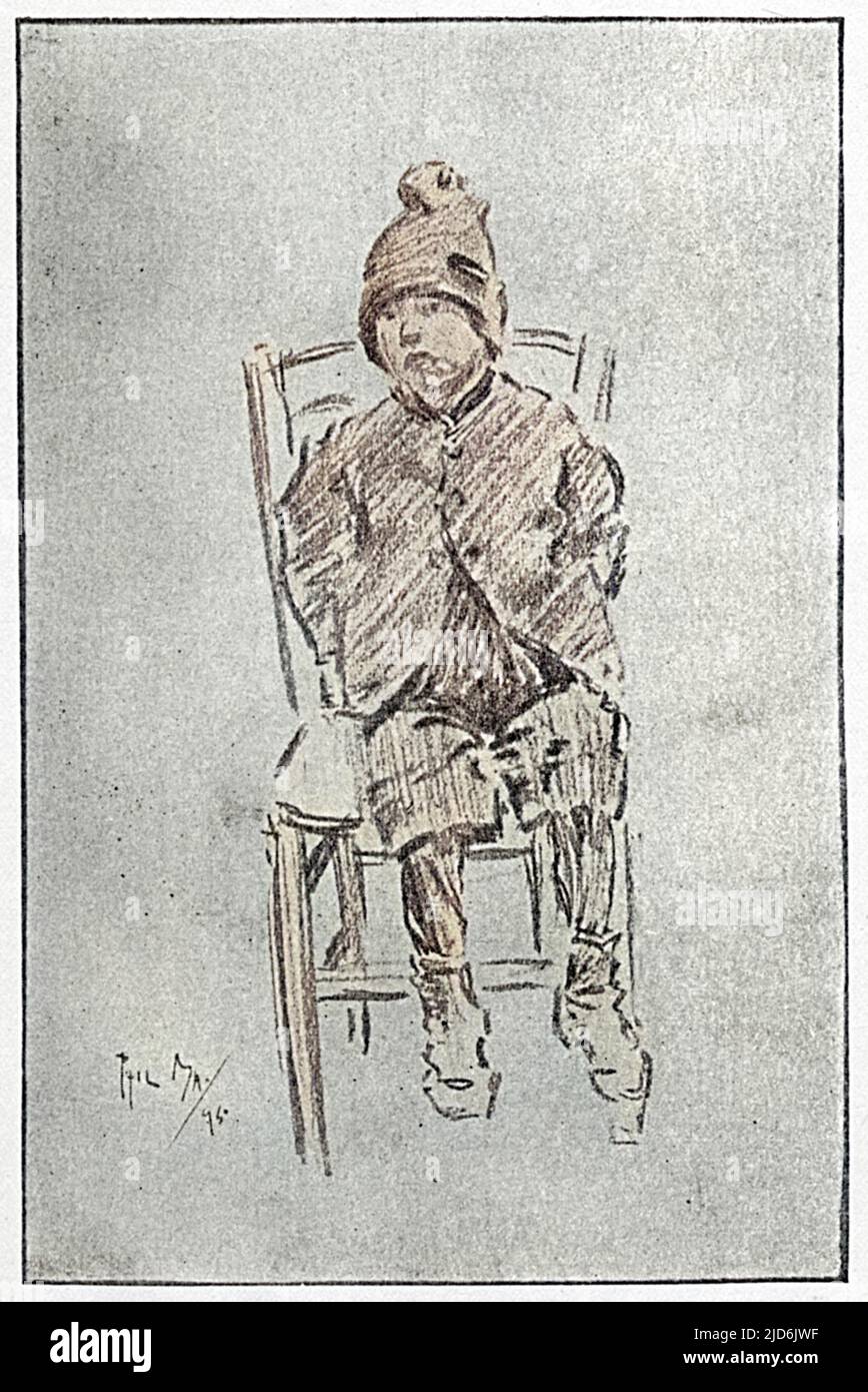 Une étude par Phil May d'un jeune garçon portant un chapeau de laine et assis dans une chaise - un garçon de rue? Version colorisée de : 10803906 Date: 1895 Banque D'Images
