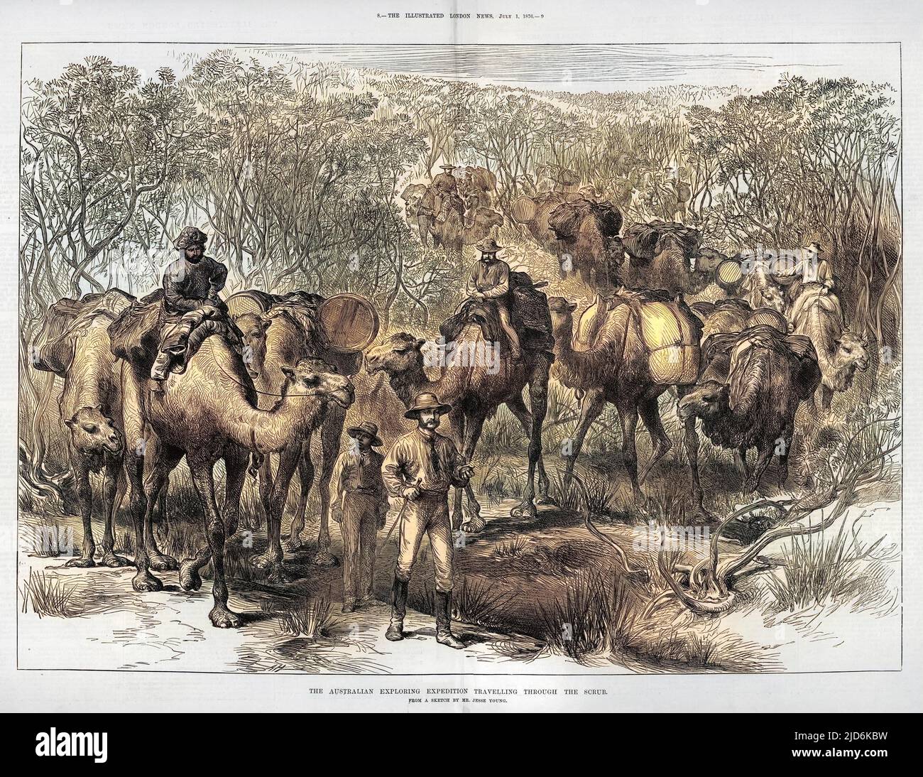 Ernest Giles mène une série de voyages dans le centre et l'ouest de l'Australie : son train à chameaux se rend à travers le Scrub version colorisée de : 10015540 Date: 1876 Banque D'Images