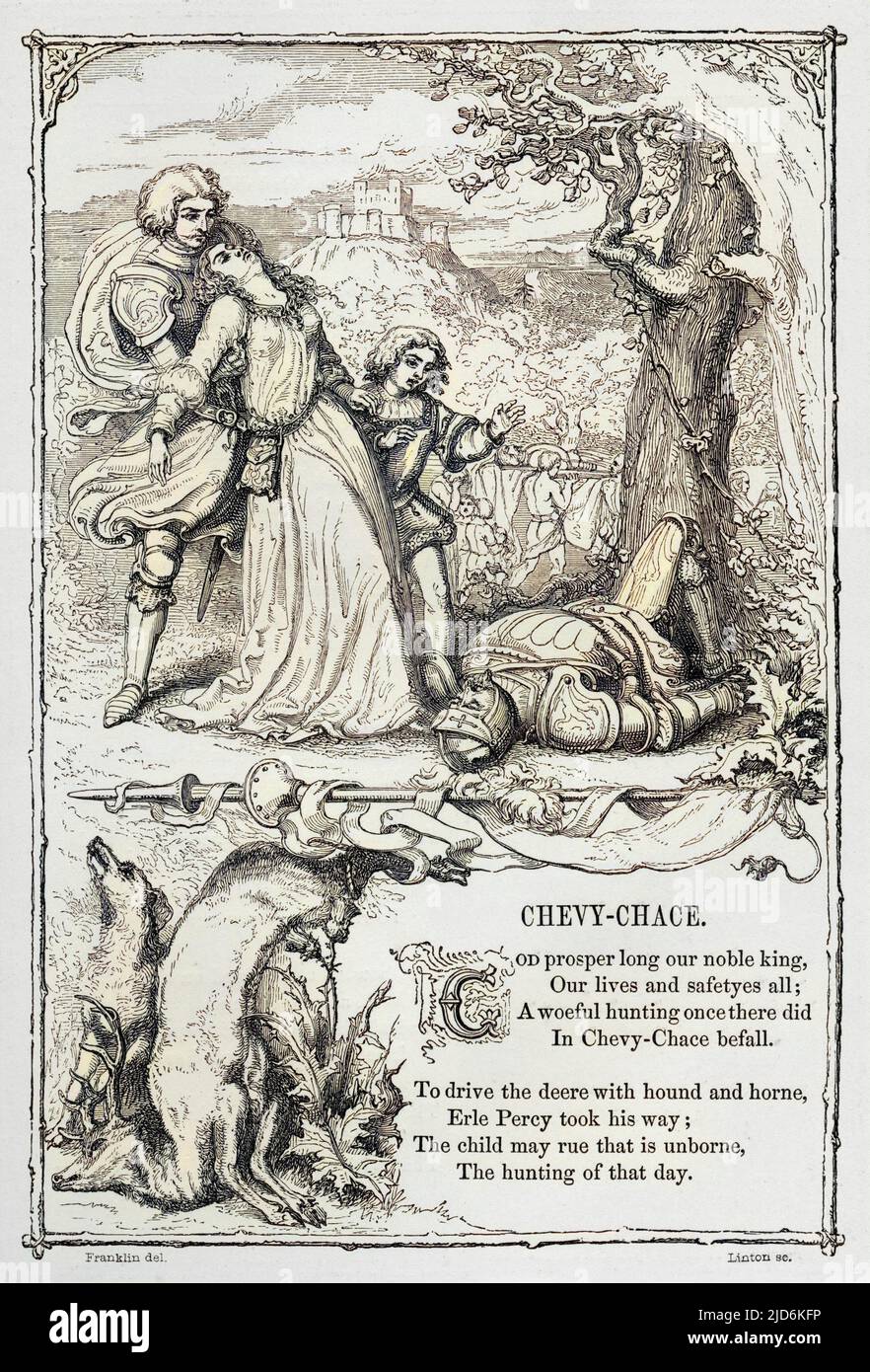 CHASE DE CHEVROLET. La populaire ballade britannique racontant l'histoire d'une grande chasse, à la tête de Percy, le comte de Northumberland qui a été interprété comme une invasion de l'Écosse par le comte écossais de Douglas qui avait interdit la chasse. On pensait avoir été basé sur les événements de la bataille d'Otterburn en 1388. Version colorisée de : 10472494 Date: 1853 Banque D'Images