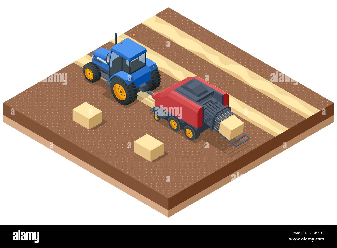 Tracteurs isométriques fauchage, râtelage, mise en balles de foin. Le foin s'empile après la récolte des céréales. Tracteur avec presse à balles carrées jaune. Illustration de Vecteur
