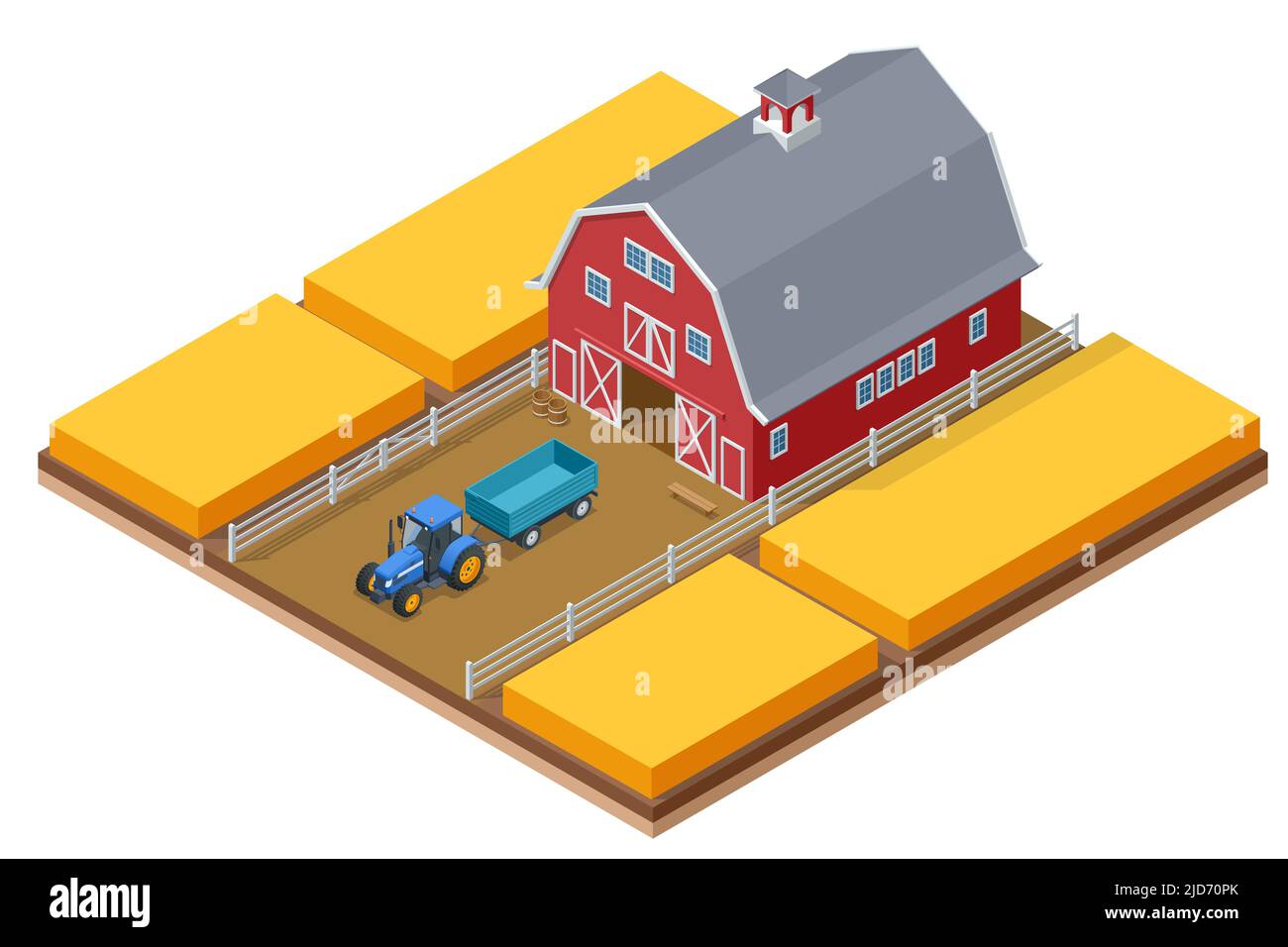 Ferme isométrique avec tracteur agricole, champs cultivés. Agriculture champ de blé. Illustration de Vecteur