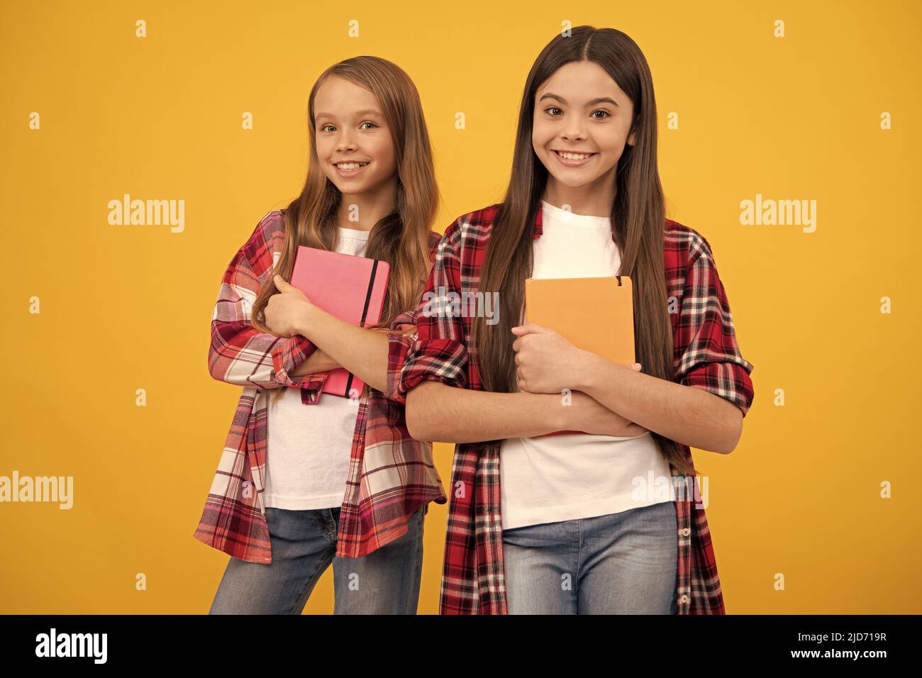 amis filles avec bloc-notes. retour à l'école. adolescents prêts à étudier. enfance heureuse. Banque D'Images