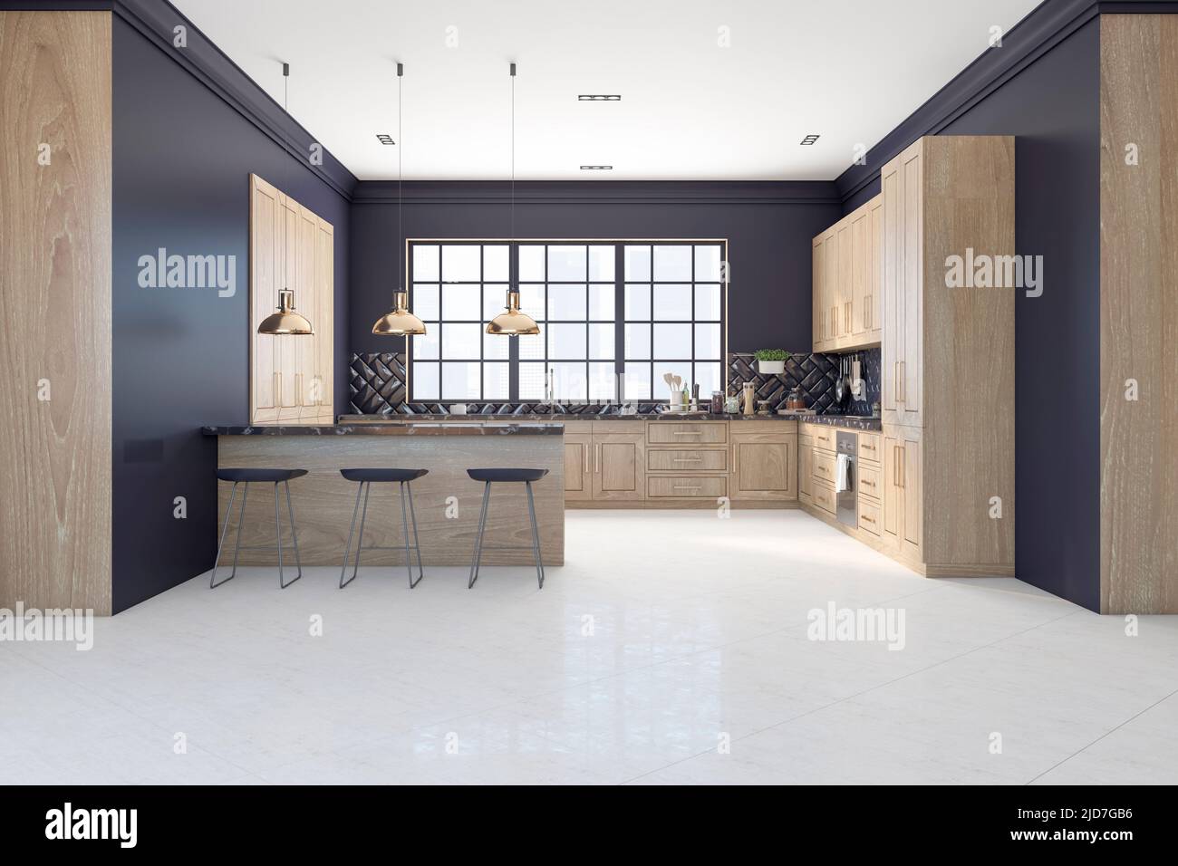 Cuisine de style écologique spacieuse design intérieur avec ensemble de cuisine en bois, murs bleu foncé, trois tabourets de bar, fenêtre carrée, sol en marbre clair et ged Banque D'Images
