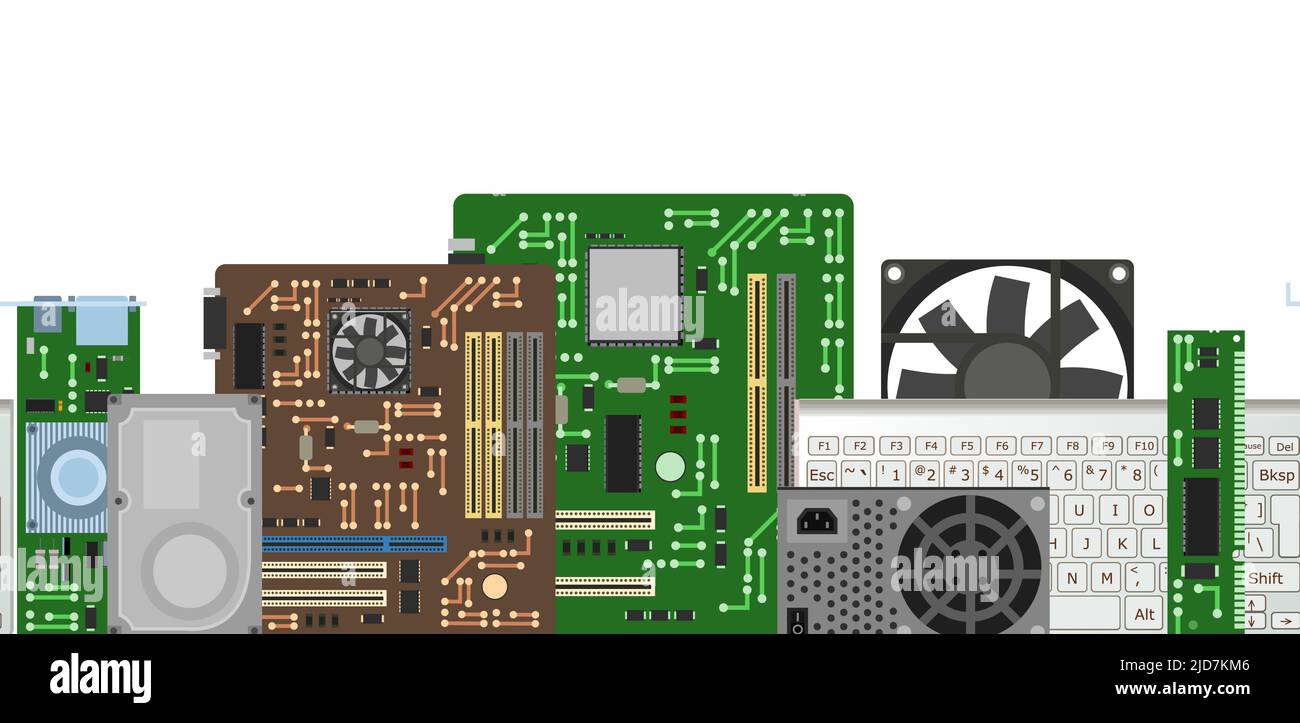 Jeu de pièces de rechange pour ordinateur personnel. Accessoires pour PC portables. Arrière-plan horizontal sans couture. Disque dur. Isolé sur fond blanc. Motherboar Illustration de Vecteur