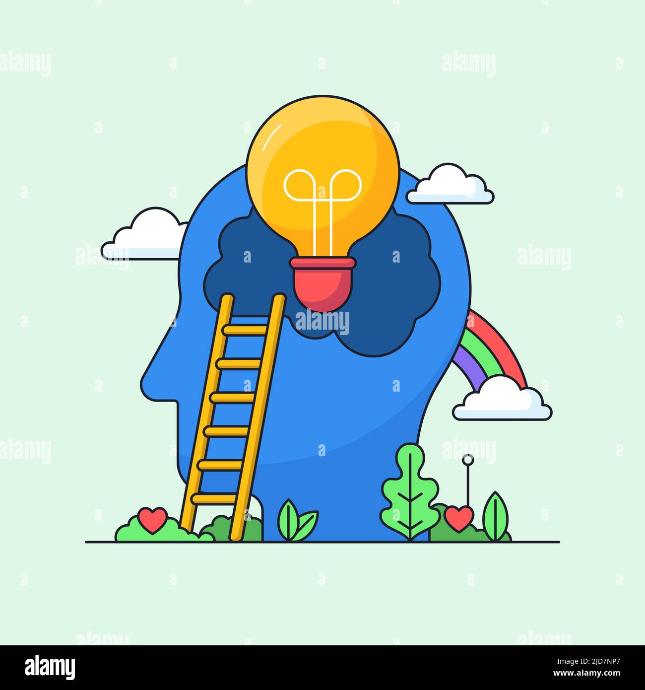 Idée de brainstorming créatif avec une imagination complète conception visuelle concept. Tête large avec ampoule à l'intérieur et arc-en-ciel de nuage sur la plante fertile vecteur Ill Illustration de Vecteur