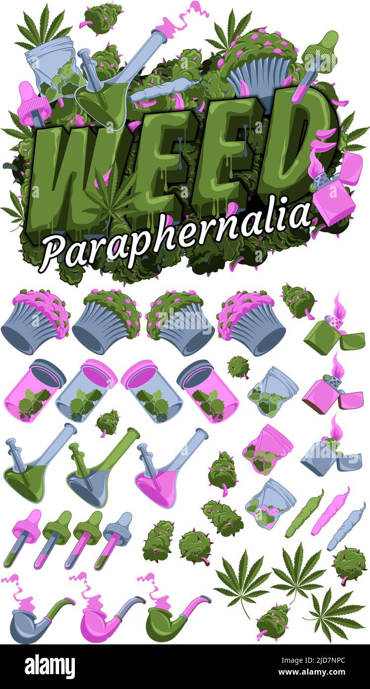 Mentions légales de cannabis à base de marijuana médicinale Weed Cannabis paraphhernalia Designs Illustration de Vecteur