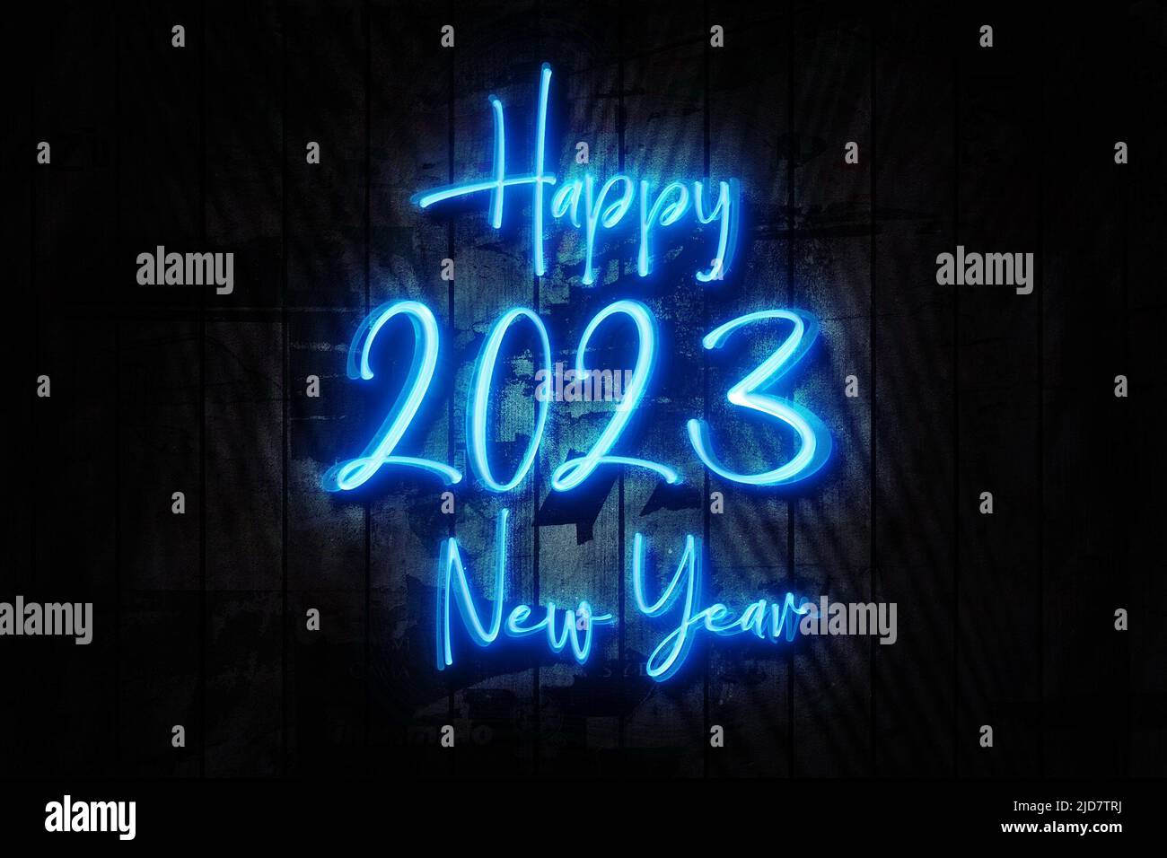 Bonne année 2023 Neon Sign on a Dark Wooden Wall 3D illustration. Banque D'Images