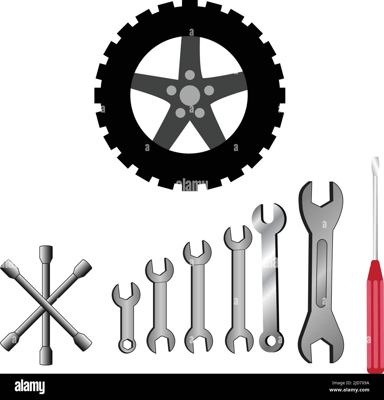 outils de réparation pour véhicules clé, tournevis et pneu, etc., illustrations vectorielles Illustration de Vecteur