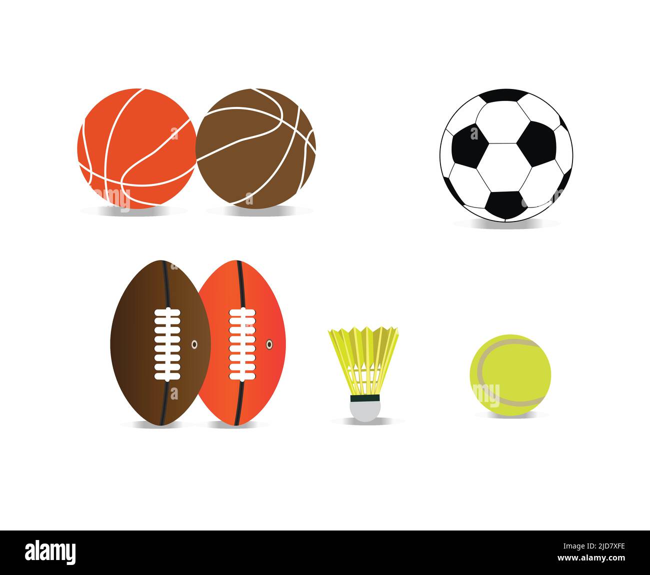 ballon de sport. ballon de basket-ball, ballon de rugby et liège de navette, et ballon de tennis Illustration de Vecteur