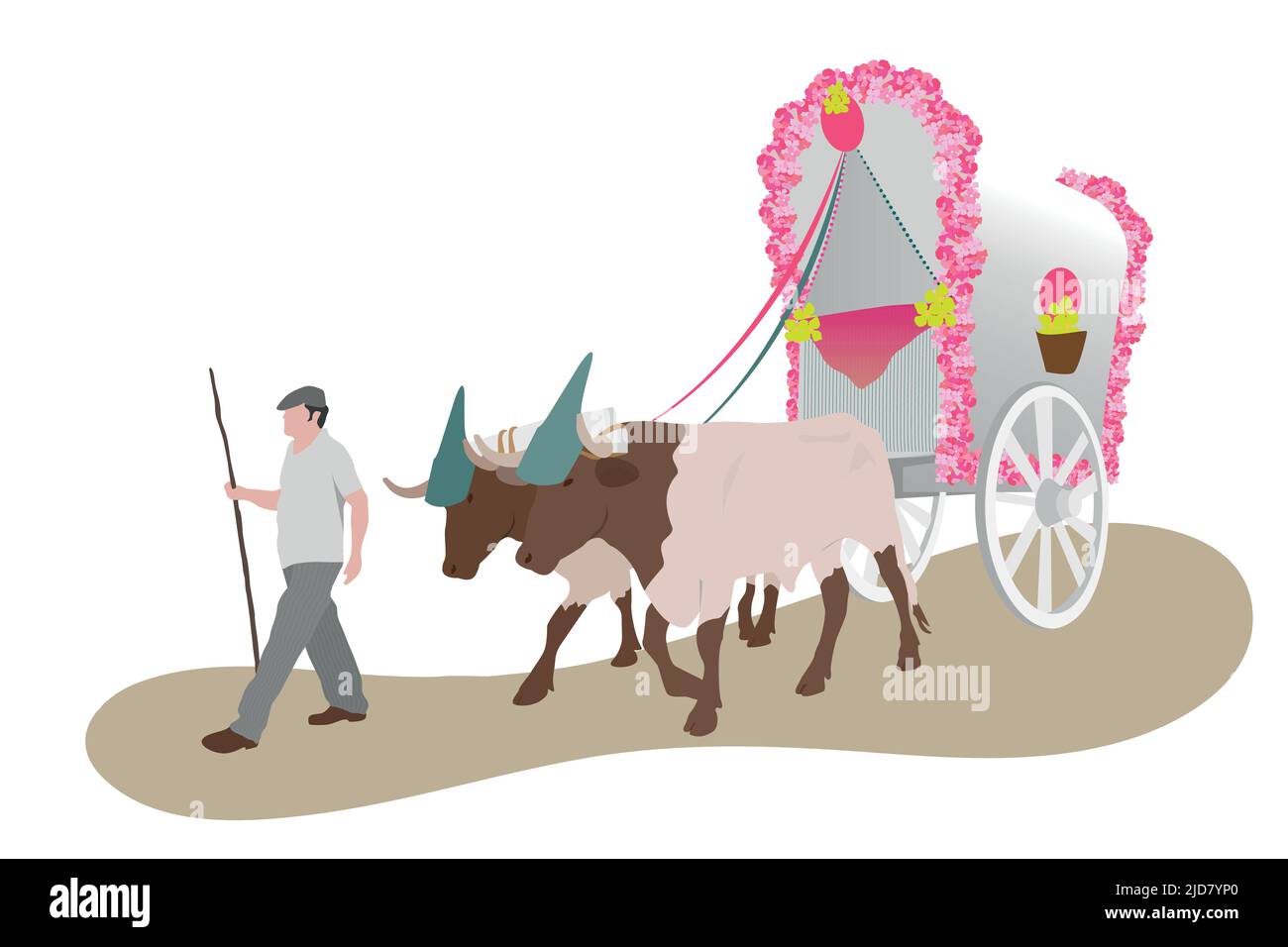 Chariot traditionnel à boeuf typique du pèlerinage d'El Rocío. Chariot décoré de fleurs Illustration de Vecteur
