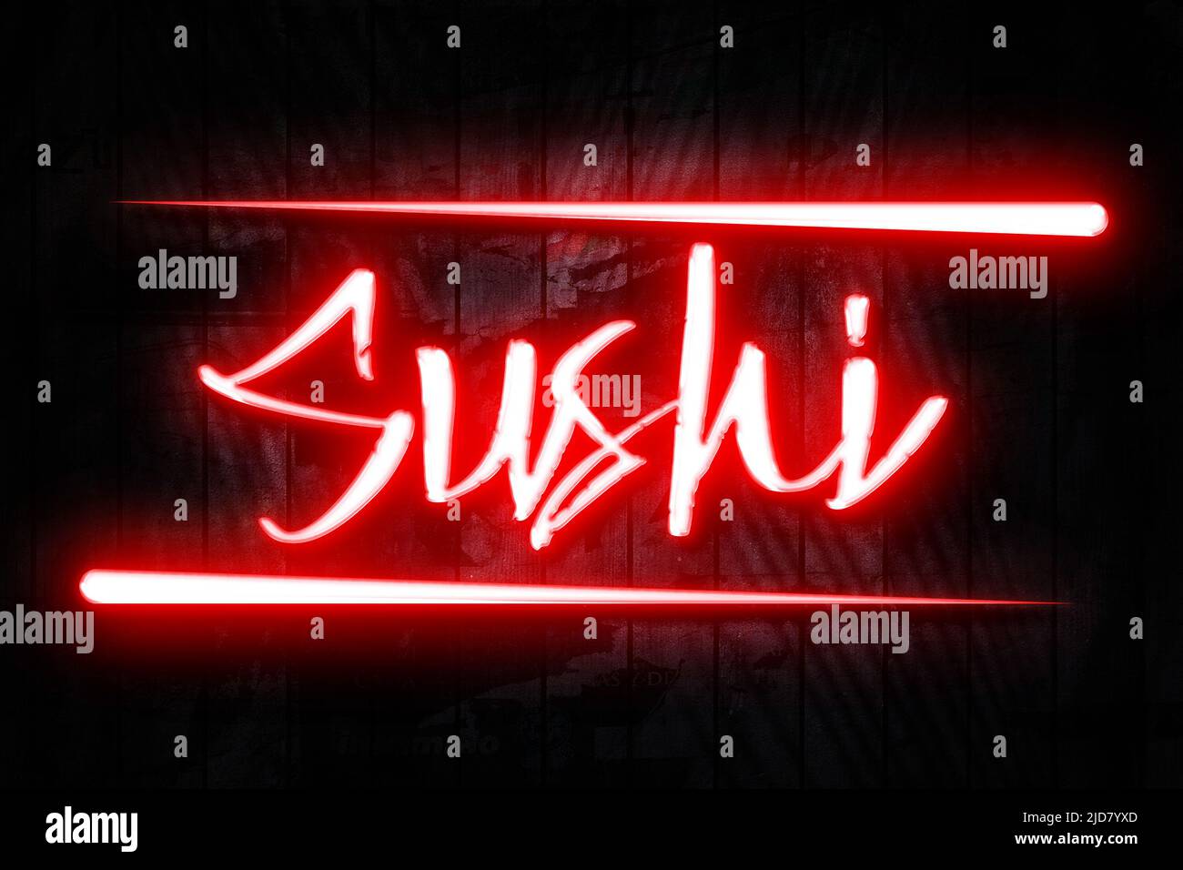 Affiche de sushi Neon sur un mur en bois sombre Banque D'Images