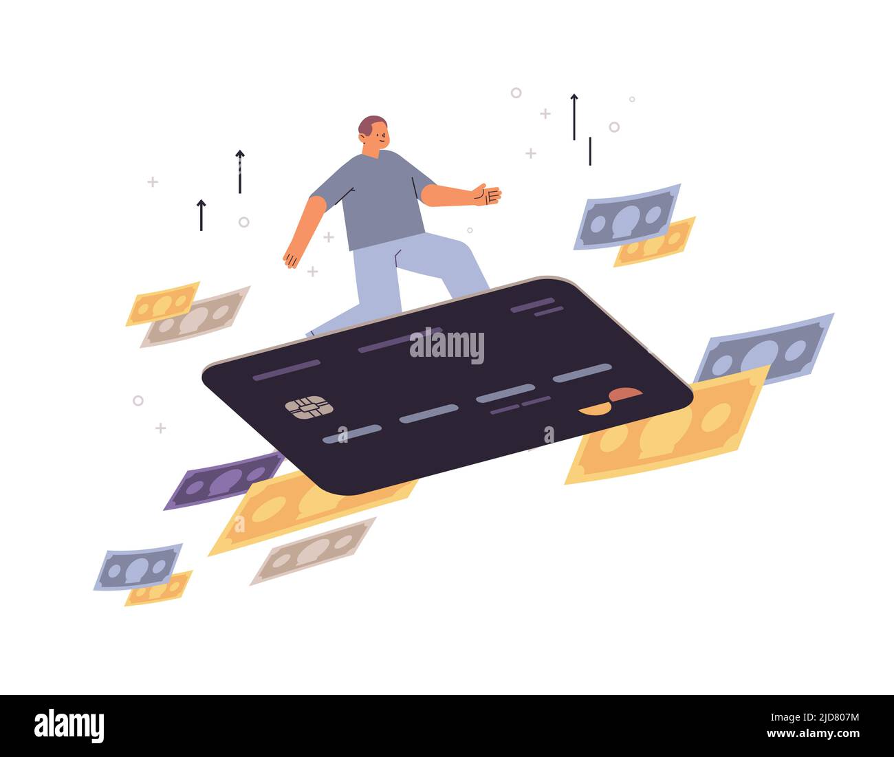 homme d'affaires surf sur la dette de carte de crédit transaction financière transfert d'argent en ligne shopping concept Illustration de Vecteur