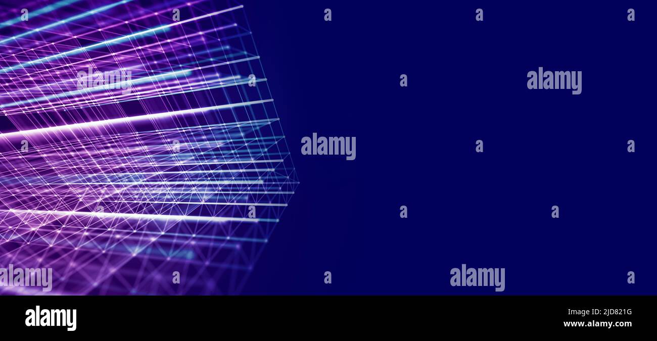 Bloquez les données de la chaîne et la cybersécurité sur un arrière-plan abstrait panoramique avec de l'espace pour le texte. Fond d'écran pour le concept technologique. Banque D'Images