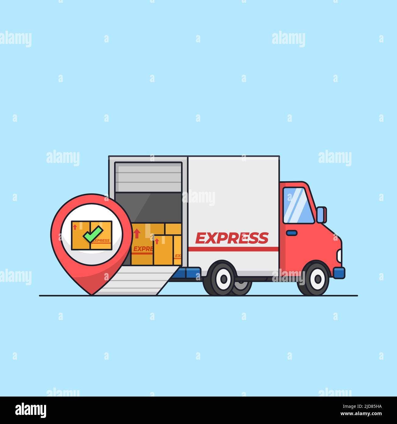 expédition réussie sur l'emplacement de livraison camion plein avec illustration du vecteur de boîte d'emballage Illustration de Vecteur