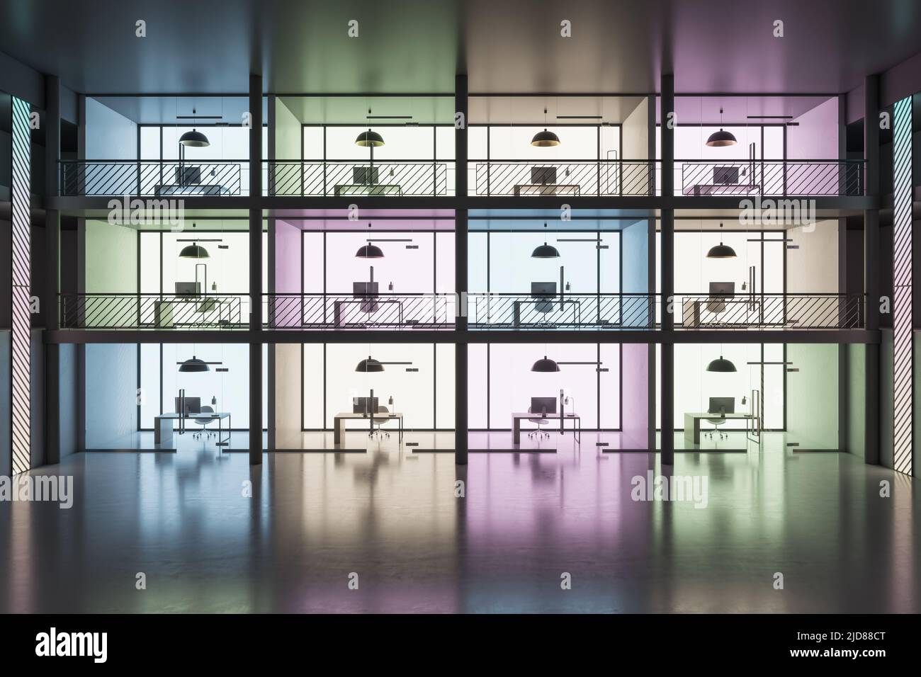 Vue de face sur le bâtiment de bureau de projet d'art avec des espaces de travail confortables basés sur trois étages avec différentes couleurs murales dans la zone spacieuse avec c brillant Banque D'Images