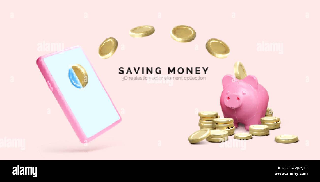 Téléphone portable avec pièces d'or volantes et banque de piggy. Modèle d'entreprise économie d'argent. Concept de banque de piggy de dépôt d'argent et d'investissement pour financier a Illustration de Vecteur