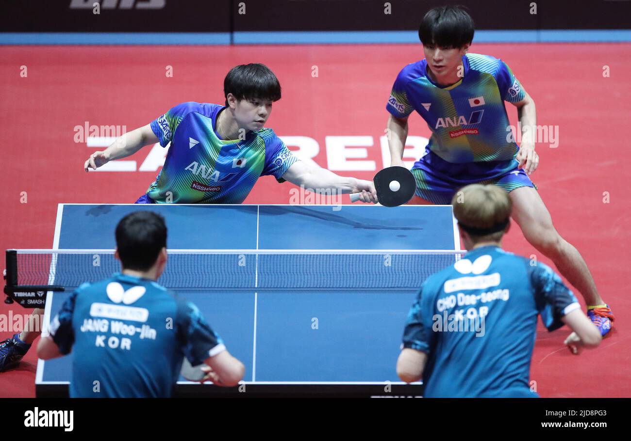 Zagreb, Croatie. 19th juin 2022. ZAGREB, CROATIE - JUIN 19 : UDA Yukiya et TOGAGI Shunsuke du Japon participent à la compétition de la WTT tenue à Zagreb 2022 la finale des doubles hommes contre JANG Woojin et CHO Daeseong de Corée au Dom Sportova Hall sur 19 juin 2022 à Zagreb, en Croatie. Photo: Sanjin Strukic/PIXSELL Credit: Pixsell photo & Video Agency/Alay Live News Banque D'Images