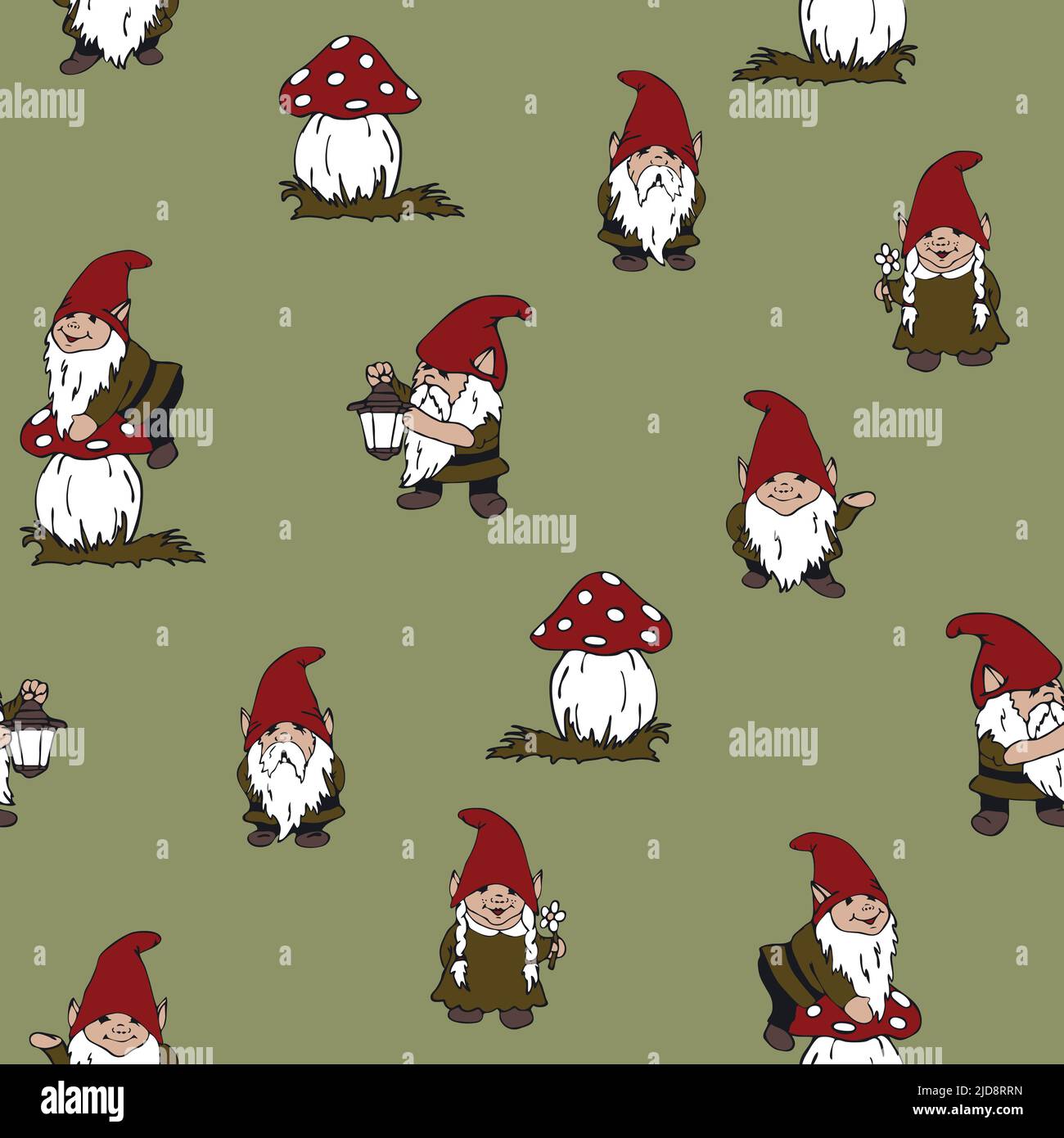 Motif vectoriel sans couture avec gnomes de jardin sur fond vert. Papier peint Elf simple dessiné à la main. Textile de mode décoratif. Illustration de Vecteur