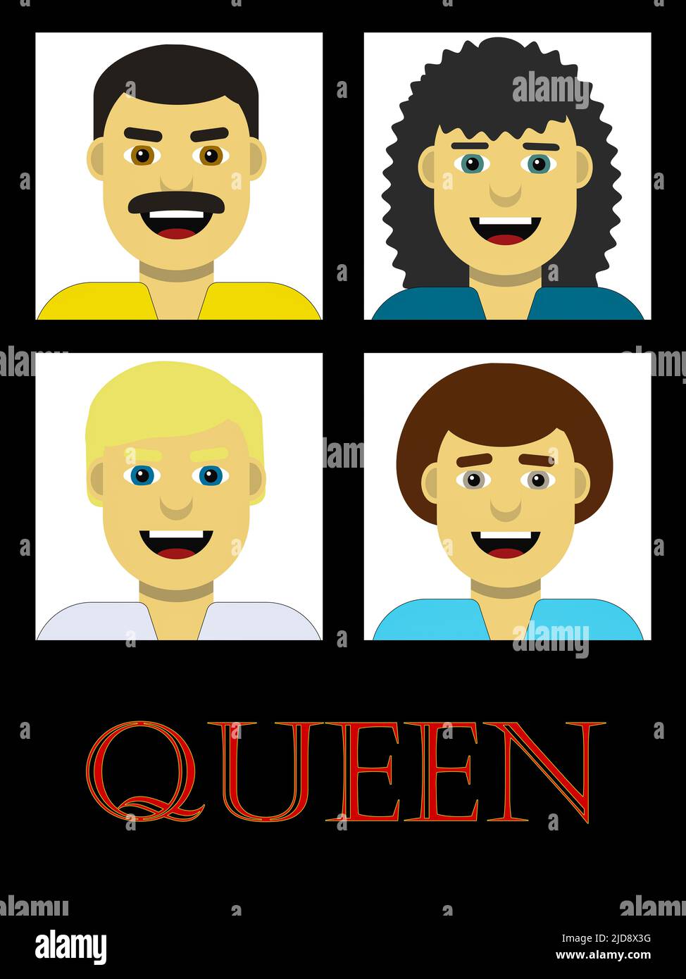 Affiche stylisée du groupe de rock Queen avec Freddie Mercury, Brian May, Roger Taylor et John Deacon Banque D'Images