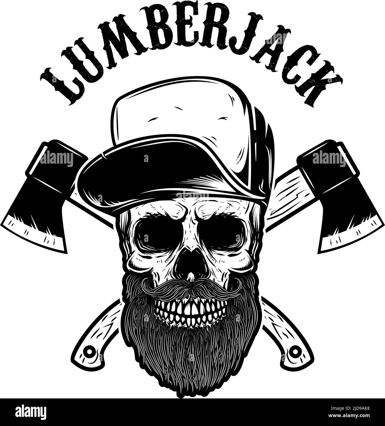 Axes de lumberjack croisés avec crâne de lumberjack. Élément design pour logo, emblème, affiche, affiche, t-shirt. Illustration vectorielle Illustration de Vecteur