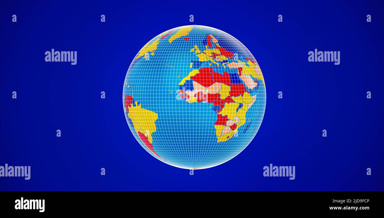 Carte du monde de la Terre et pays colorés avec fond bleu . 3d rendu de l'illustration. Banque D'Images