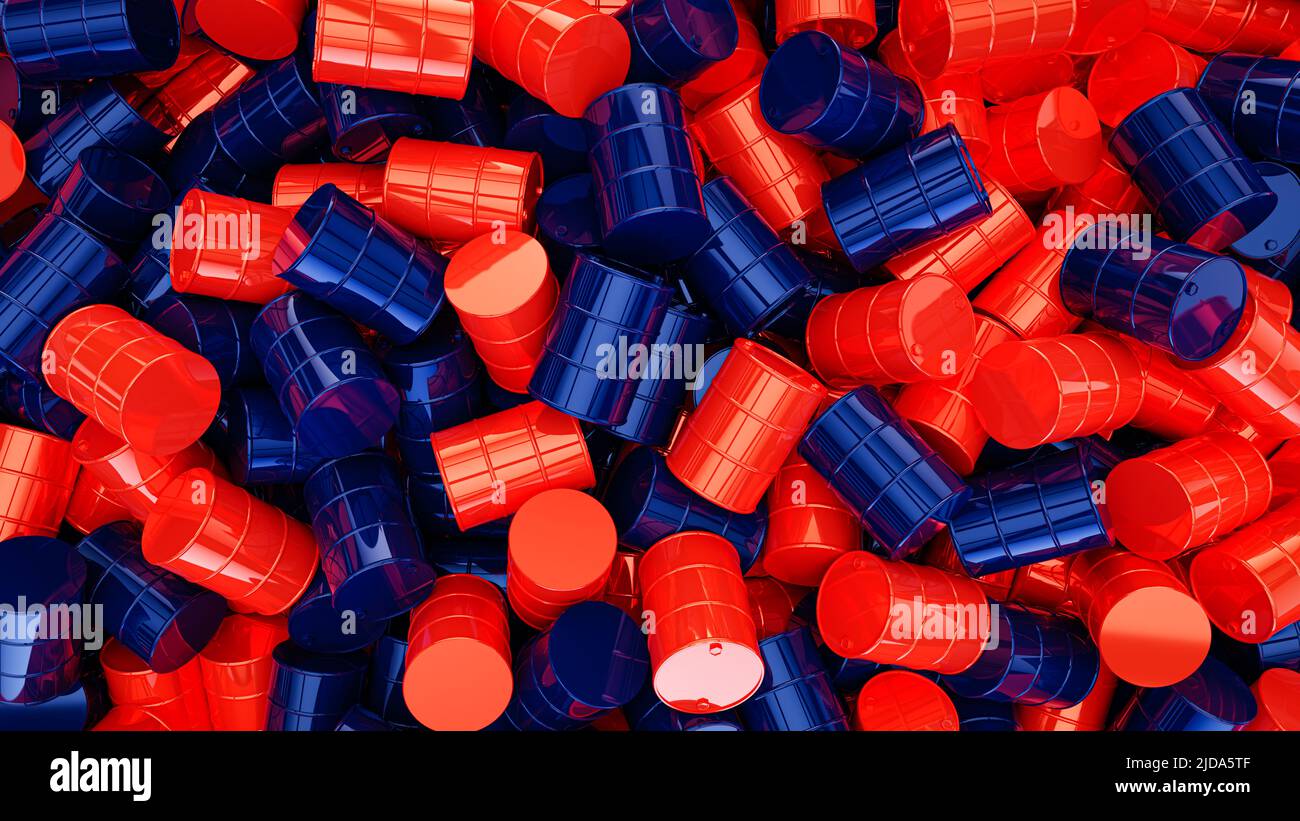 Les barils de couleur rouge et bleue de fond industriel 3D rendent l’illustration Banque D'Images