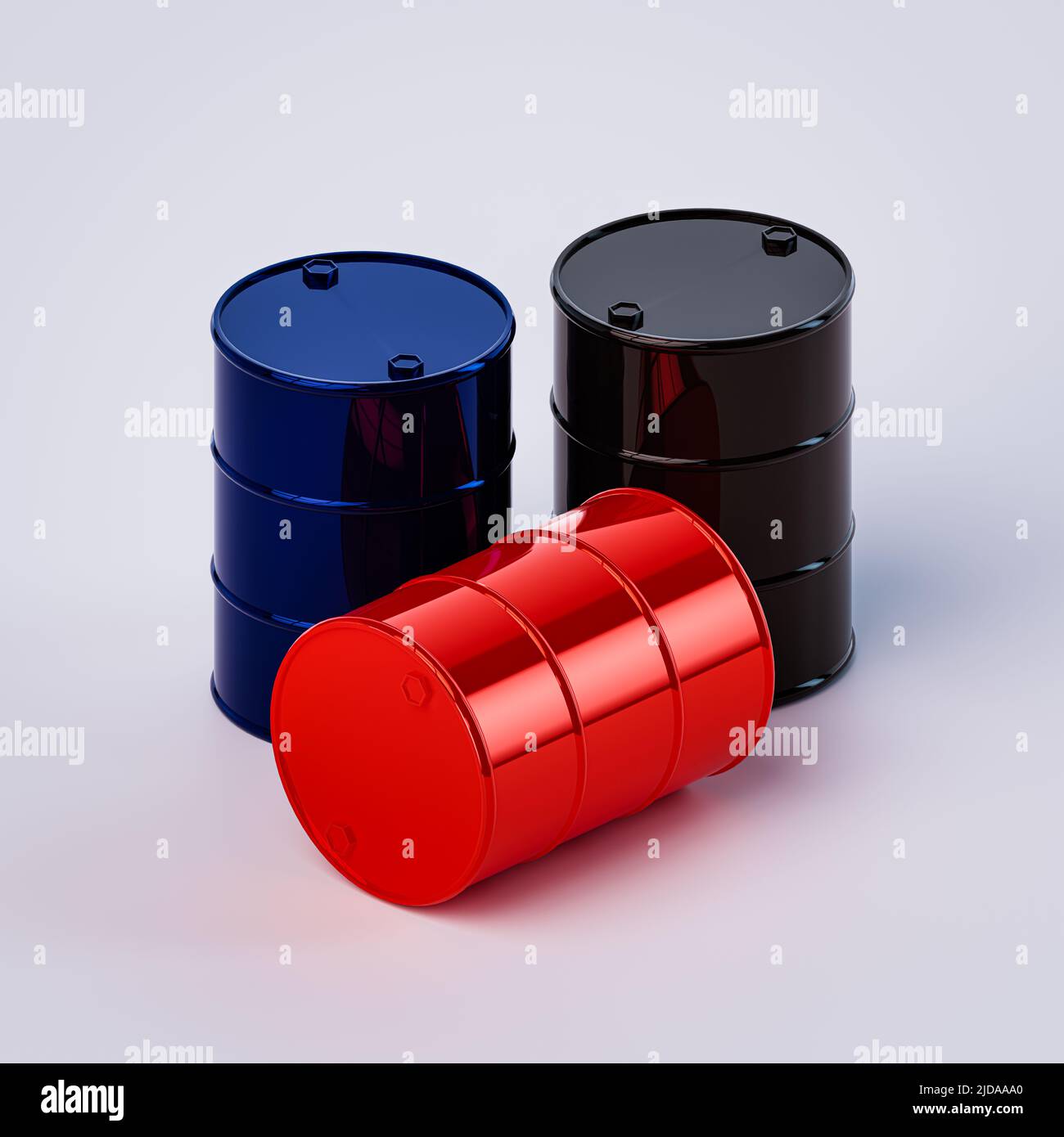 Trois barils de rouge, noir et bleu avec fond blanc 3D rendent l'industrie, les affaires et la fabrication Banque D'Images