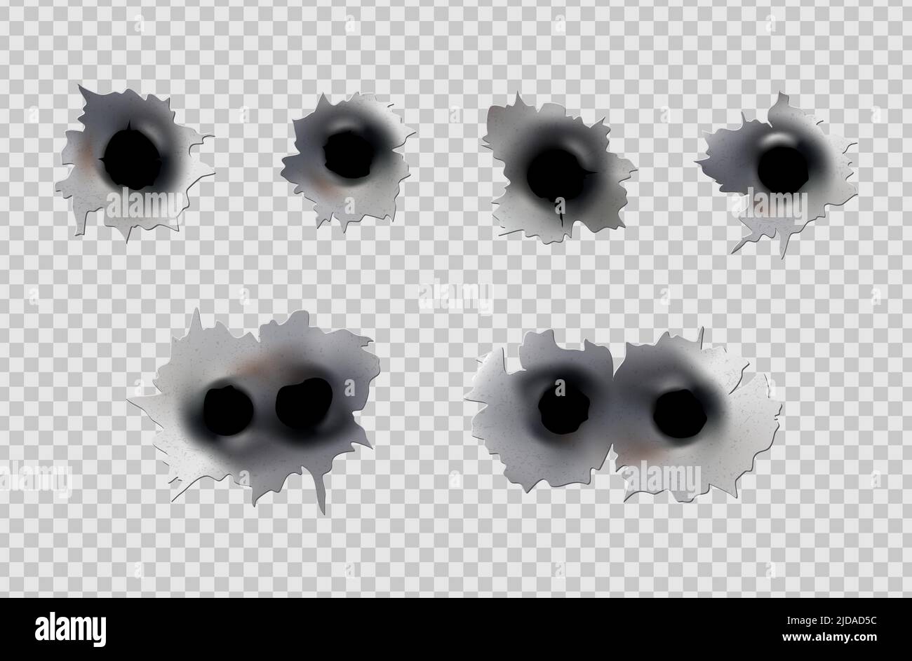 Trous de balle de pistolet ou de pistolet. Photographiez en métal à trou simple ou double. Dommages et fissures sur la surface. Vecteur isolé en arrière-plan Illustration de Vecteur