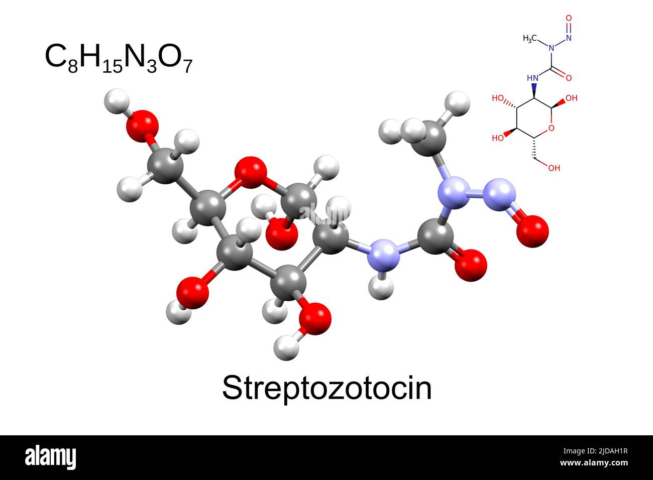 Formule chimique, formule squelettique et modèle à 3D boules et bâtonnets de la streptozotocine, substance chimiothérapeutique, fond blanc Banque D'Images