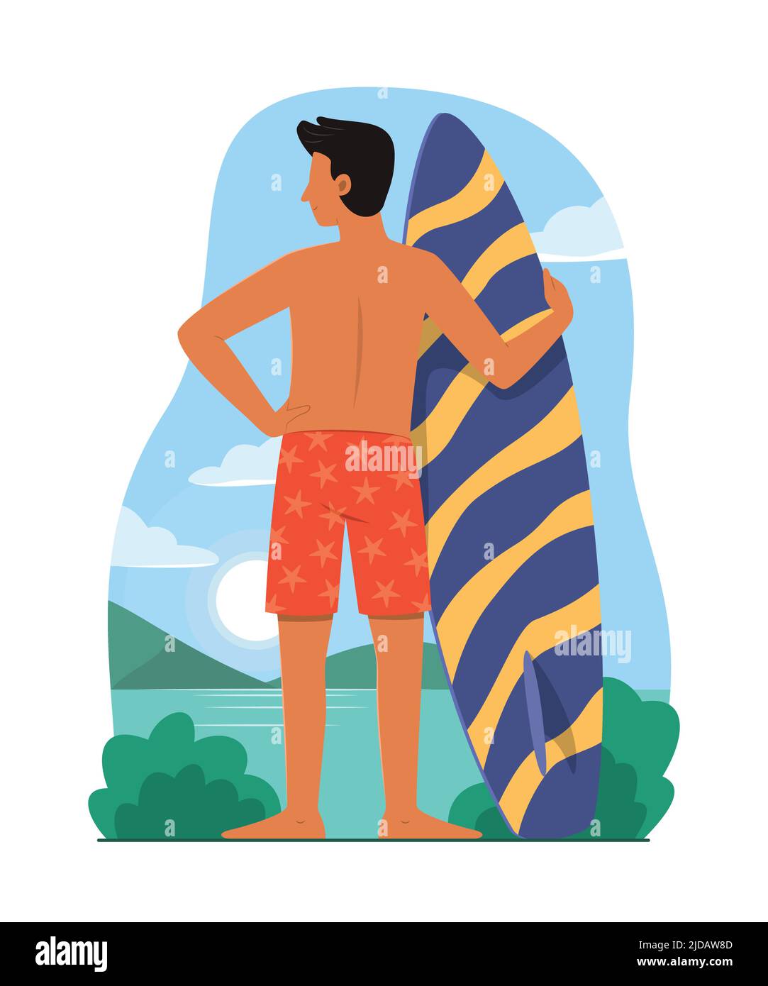 Jeune homme tenant une planche de surf à la plage pour profiter de l'activité estivale. Illustration de Vecteur