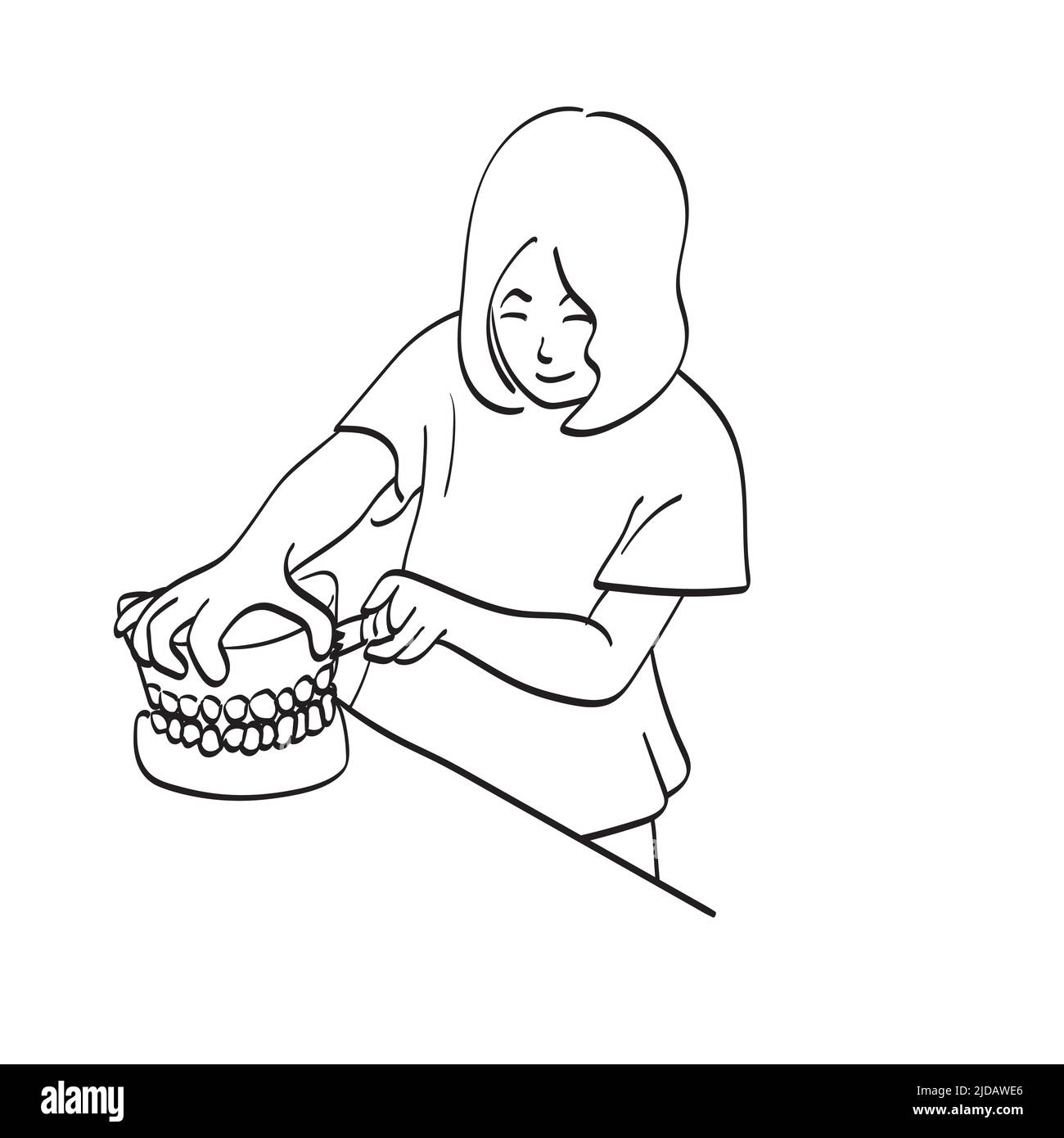 line art fille apprendre à brosser les dents avec modèle illustration vecteur dessiné à la main isolé sur fond blanc Illustration de Vecteur