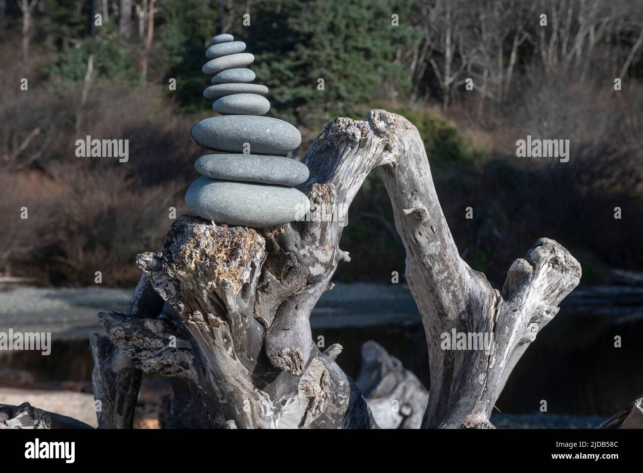 Un cairn de rochers empilés sur du bois flotté à Ruby Beach sur la péninsule olympique dans le parc national olympique de l'État de Washington Banque D'Images