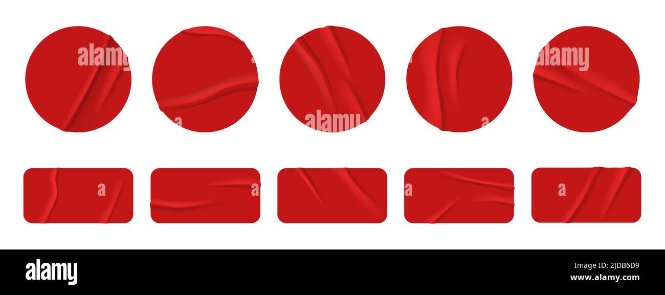 Texture du papier autocollant rouge, étiquette adhésive ou étiquette de prix froissée, badge à colle froissée 3D illustrations vectorielles réalistes. Badges ronds et rectangulaires en plastique isolés sur fond blanc Illustration de Vecteur
