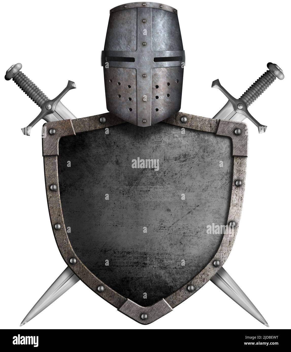 Bouclier métallique médiéval avec casque et épée isolés Banque D'Images