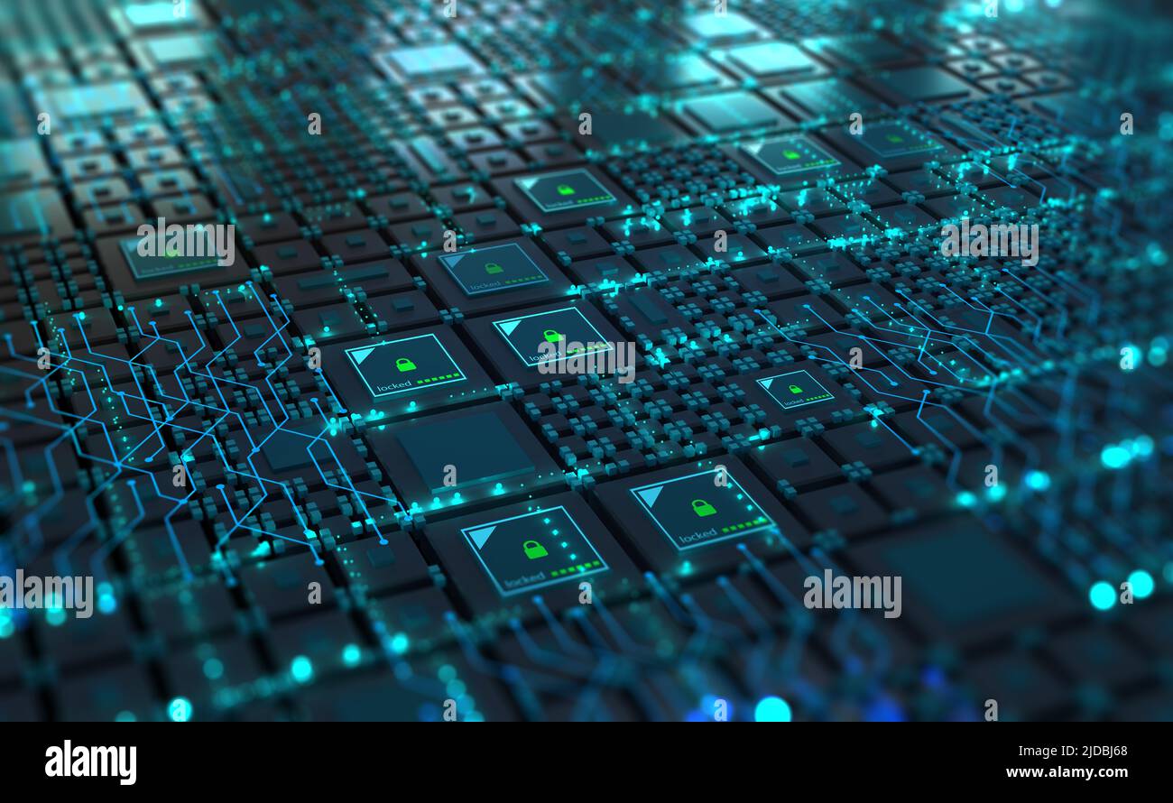 La cybersécurité dans le numérique de demain. Illustration de l'ordinateur du futur, de la carte de circuit imprimé et du matériel 3D. Réseau d'information et base de données mondiale Banque D'Images
