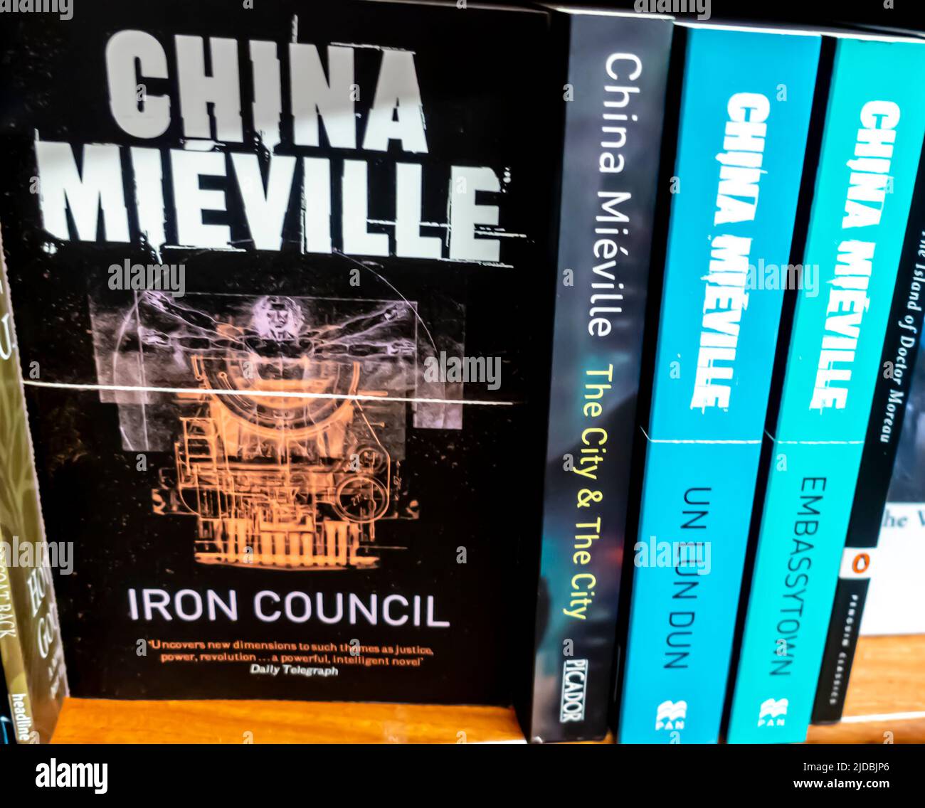 China Mieville - Iron Council et d'autres ouvrages romans sur étagère Banque D'Images