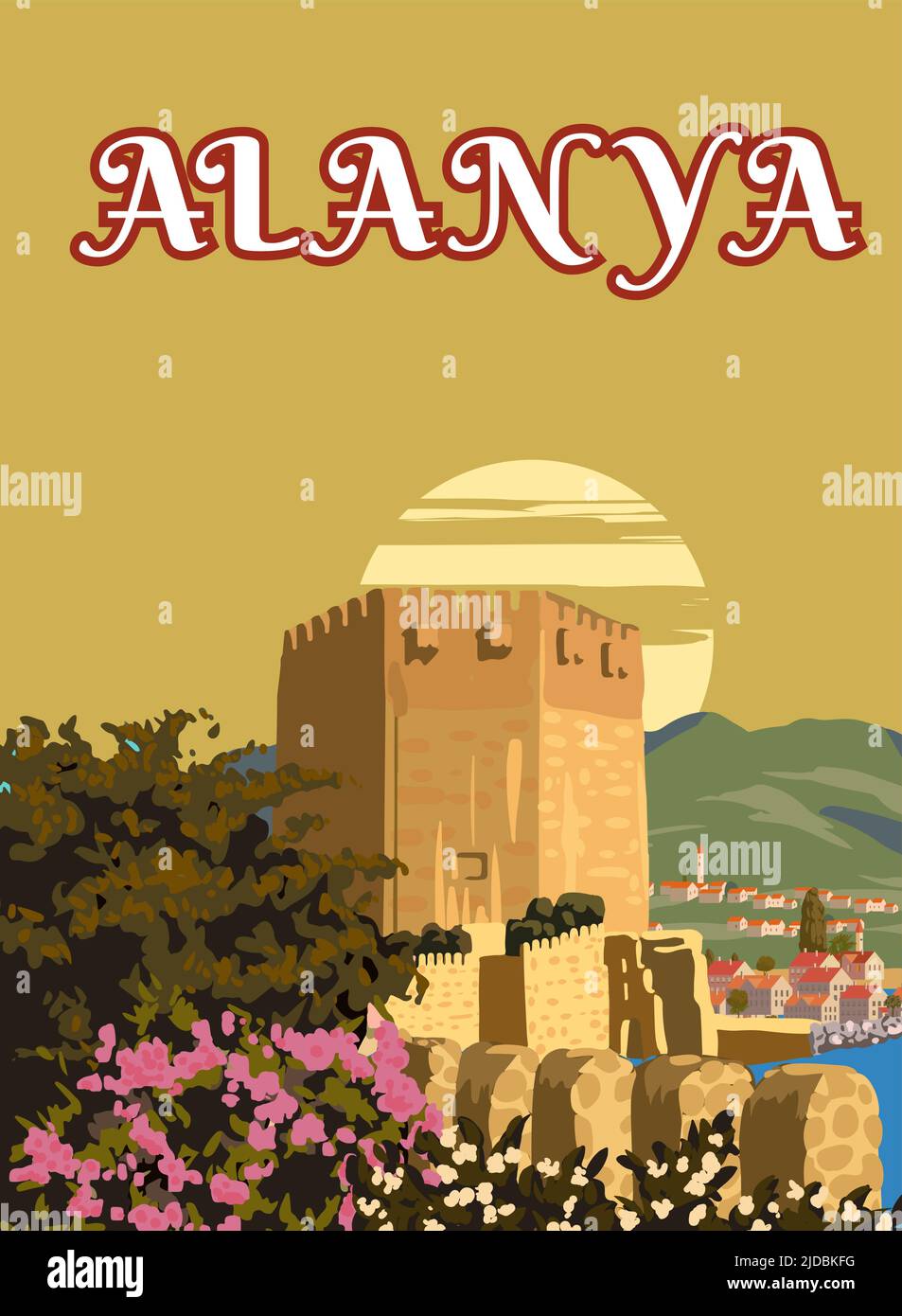 Affiche rétro site d'Alanya, station de la Turquie, horizon au coucher du soleil. Carte postale, écriteau, vecteur de voyage touristique vintage Illustration de Vecteur