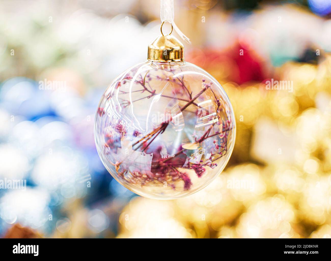 Boule en verre transparent avec fleurs séchées, décoration de Noël décoration de Noël gros plan, jouet arbre Banque D'Images